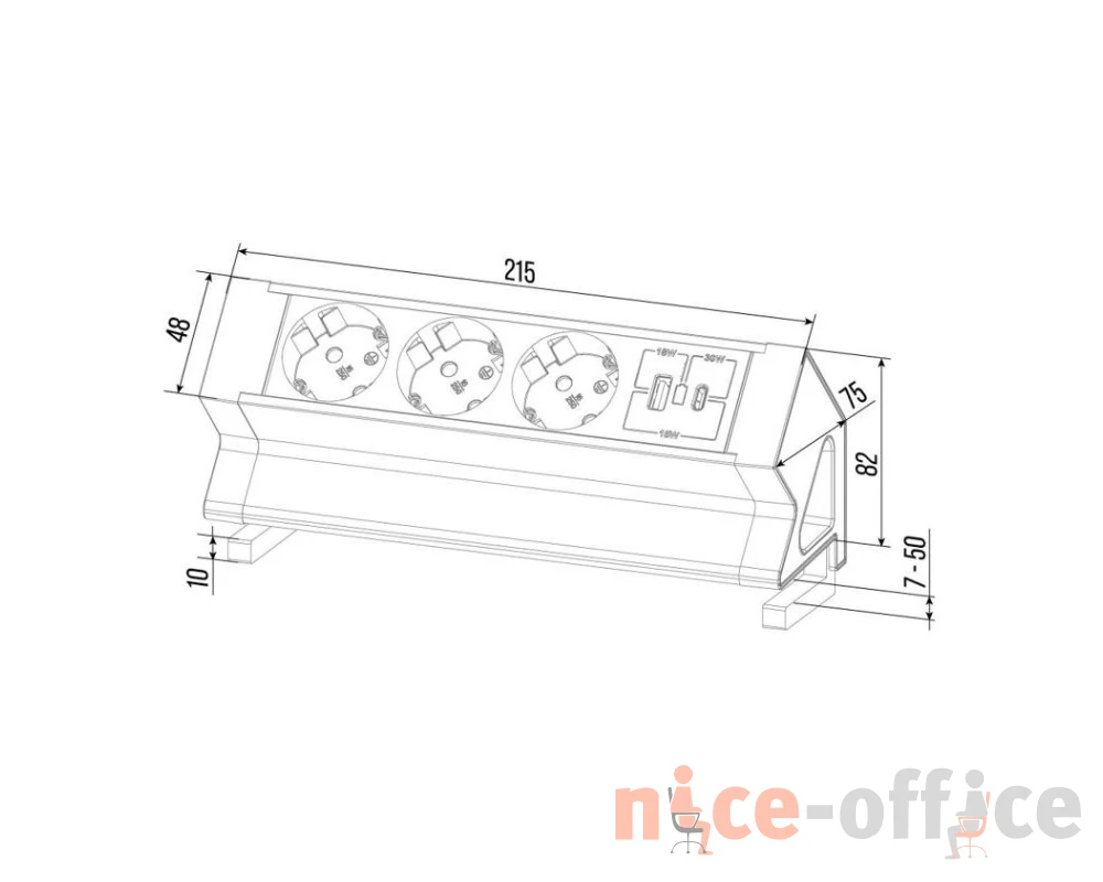 Блок розеток настольный с двумя крепежами (3 розетки, USB-A, USB-C) 215x75x82 Рива / Riva
