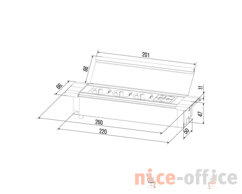 Блок розеток с откидной крышкой (3 розетки, USB-A, USB-C) 260x66x11 Рива / Riva