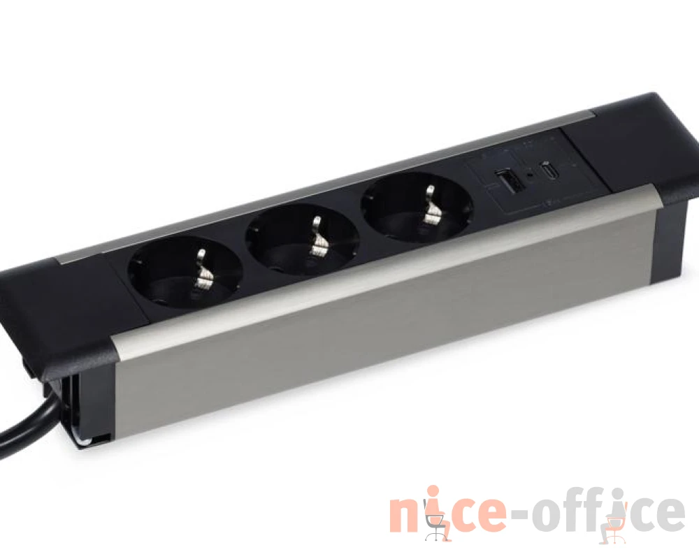 Блок розеток встраиваемый в стол (3 розетки, USB-A, USB-C) 257x60x4 Рива / Riva