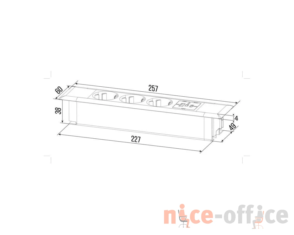 Блок розеток встраиваемый в стол (3 розетки, USB-A, USB-C) 257x60x4 Рива / Riva