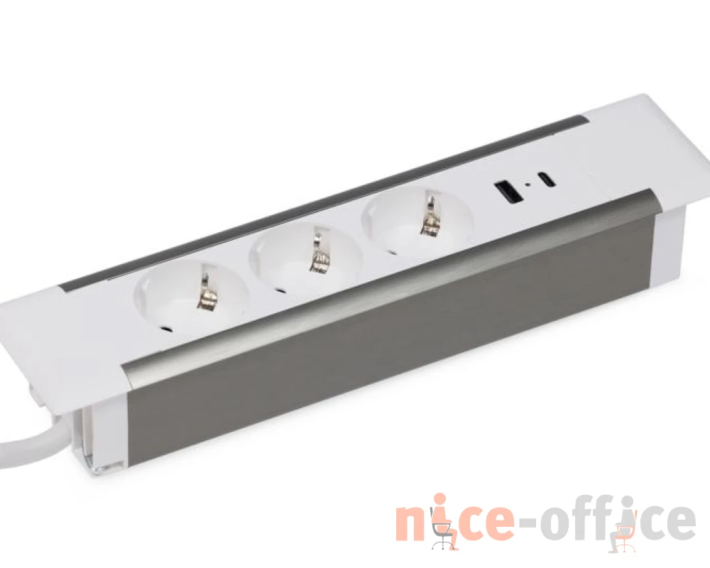 Блок розеток встраиваемый в стол (3 розетки, USB-A, USB-C) 257x60x4 Рива / Riva