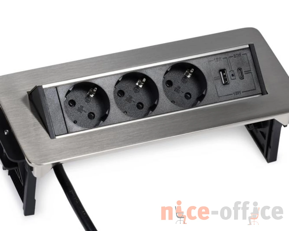 Блок розеток выдвижной горизонтальный (3 розетки, USB-A, USB-C) 245x111x3 Рива / Riva